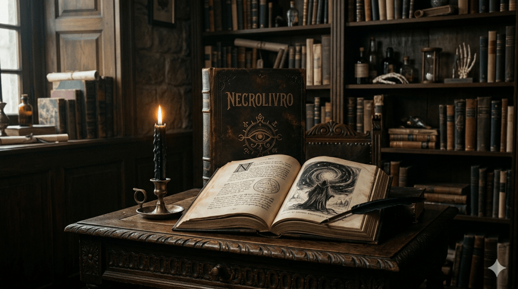 Uma mesa de madeira escura em uma biblioteca antiga e sombria, iluminada pela chama de uma única vela preta em um castiçal à esquerda. No centro, destaca-se um grande livro de couro marrom com o título "NECROLIVRO" e um símbolo místico de olho gravados em dourado na capa. À frente dele, outro livro está aberto, exibindo textos manuscritos, um diagrama circular e a ilustração de uma figura encapuzada diante de um portal em espiral, com uma pena de caligrafia pousada sobre a página. Ao fundo, estantes repletas de livros antigos, frascos e artefatos ocultistas completam o cenário gótico.