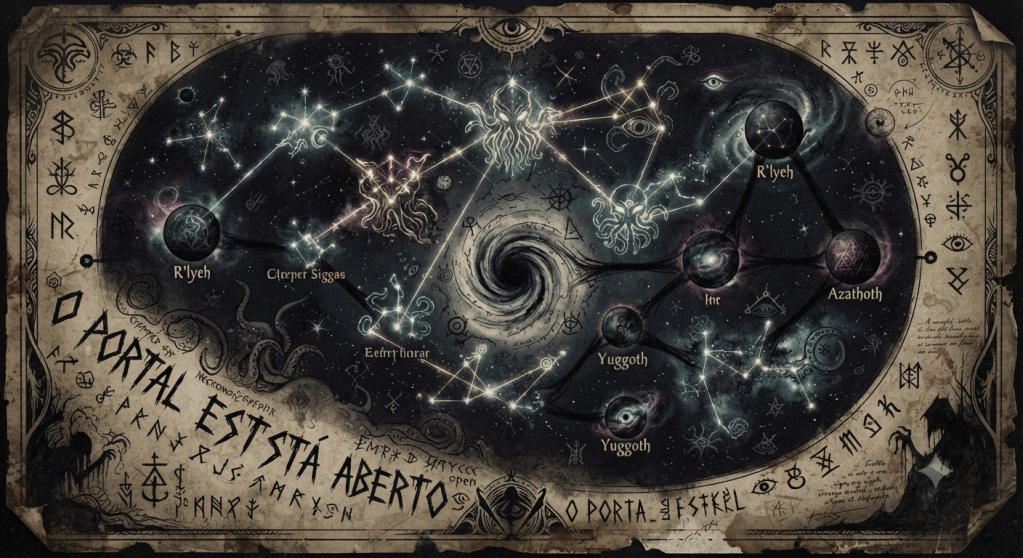 Mapa estelar em estilo horror cósmico com aparência de pergaminho antigo e desgastado. O centro apresenta um vórtice escuro rodeado por constelações brilhantes que formam figuras tentaculares. Planetas sombrios aparecem mapeados com nomes como "R'lyeh", "Azathoth" e "Yuggoth". A borda do mapa é decorada com runas esotéricas, símbolos ocultos e silhuetas de entidades sombrias. No canto inferior esquerdo, destaca-se a frase em letras maiúsculas e estilo gótico: "O PORTAL ESTÁ ABERTO". A paleta de cores é composta por tons escuros de preto, cinza, azul profundo e toques de luz espectral.