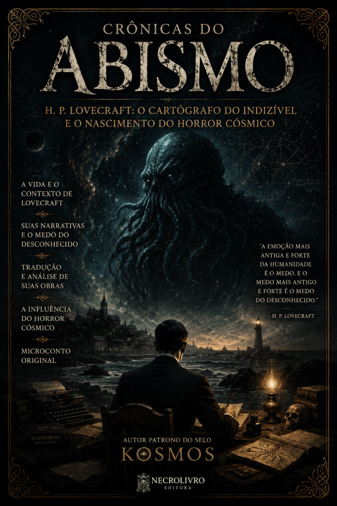 Capa em estilo gótico e cósmico para o artigo "Crônicas do Abismo – H. P. Lovecraft: o cartógrafo do indizível e o nascimento do horror cósmico". Ao centro, uma colossal entidade tentacular emerge do céu estrelado, cercada por nebulosas e constelações, dominando a composição. Em primeiro plano, um homem de costas escreve à mesa iluminada por uma lamparina, diante de um litoral rochoso com um farol ao fundo. Livros antigos, manuscritos, uma máquina de escrever, um crânio e mapas ocupam a mesa, reforçando a atmosfera de investigação e mistério. A moldura ornamentada em tons dourados remete a antigas gravuras e manuscritos. A capa destaca o título da coluna, o nome de H. P. Lovecraft e referências ao horror cósmico, ao Selo Kosmos e à Editora Necrolivro, evocando a insignificância humana diante da vastidão do universo.