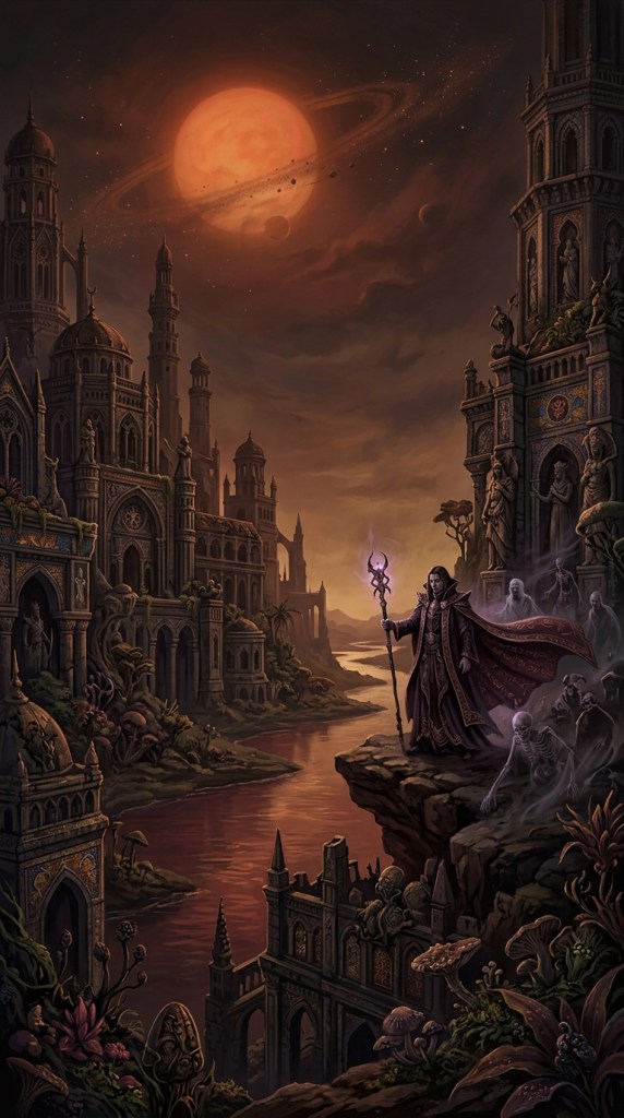 Ilustração em estilo de fantasia sombria mostrando uma vasta cidade antiga e decadente sob um céu crepuscular dominado por um grande sol avermelhado com anéis. À esquerda, imponentes palácios e torres de arquitetura gótica e oriental exibem detalhes ornamentados tomados por vegetação estranha. À direita, sobre um penhasco à beira de um rio de águas escuras, um necromante vestido com trajes elegantes e um cajado mágico brilhante observa a paisagem, cercado por figuras espectrais e esqueletos que se erguem da terra.