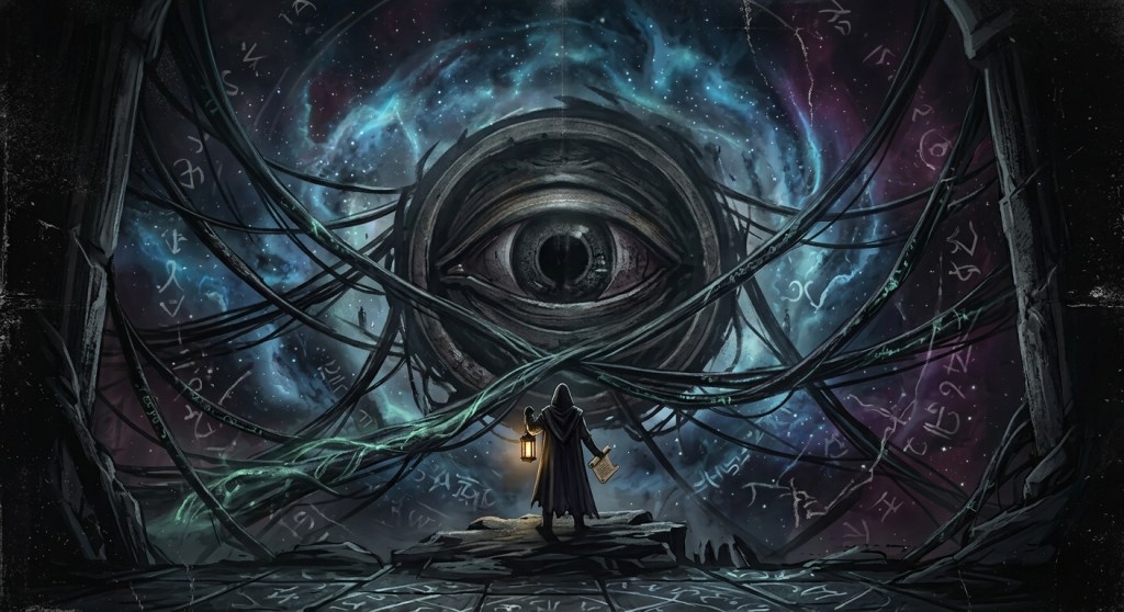 Ilustração em estilo dark fantasy de uma figura encapuzada segurando uma lanterna acesa e um pergaminho diante de um portal de pedra. Ao fundo, fios negros e retorcidos formam uma teia cósmica em volta de um olho gigante no centro de uma nebulosa escura iluminada por runas brilhantes.
